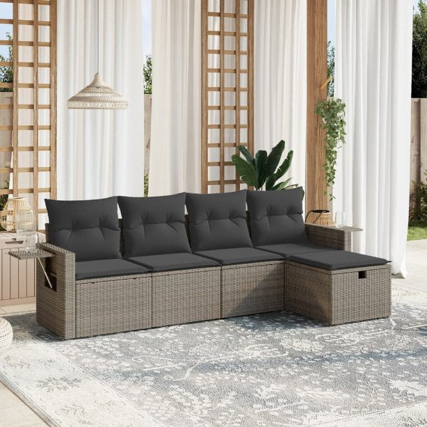 5-tlg. Garten-Sofagarnitur mit Kissen Schwarz Poly Rattan