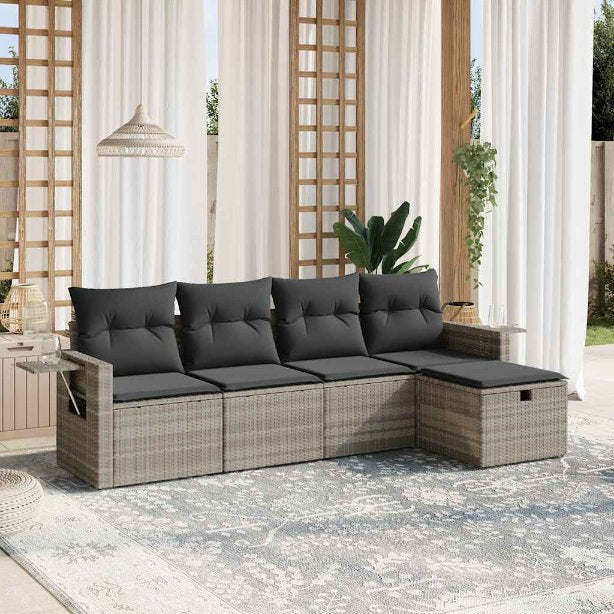 5-tlg. Garten-Sofagarnitur mit Kissen Schwarz Poly Rattan