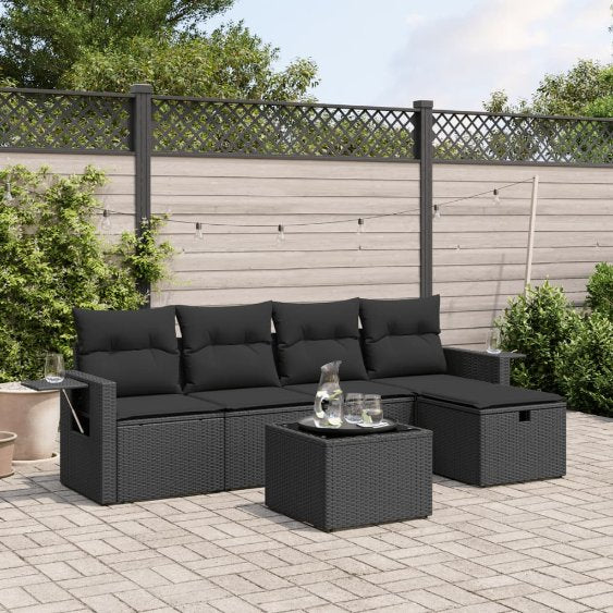 5-tlg. Garten-Sofagarnitur mit Kissen Schwarz Poly Rattan