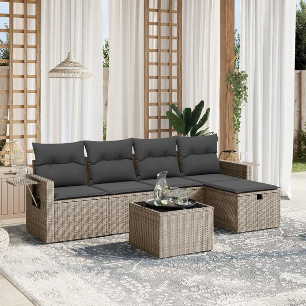 5-tlg. Garten-Sofagarnitur mit Kissen Schwarz Poly Rattan