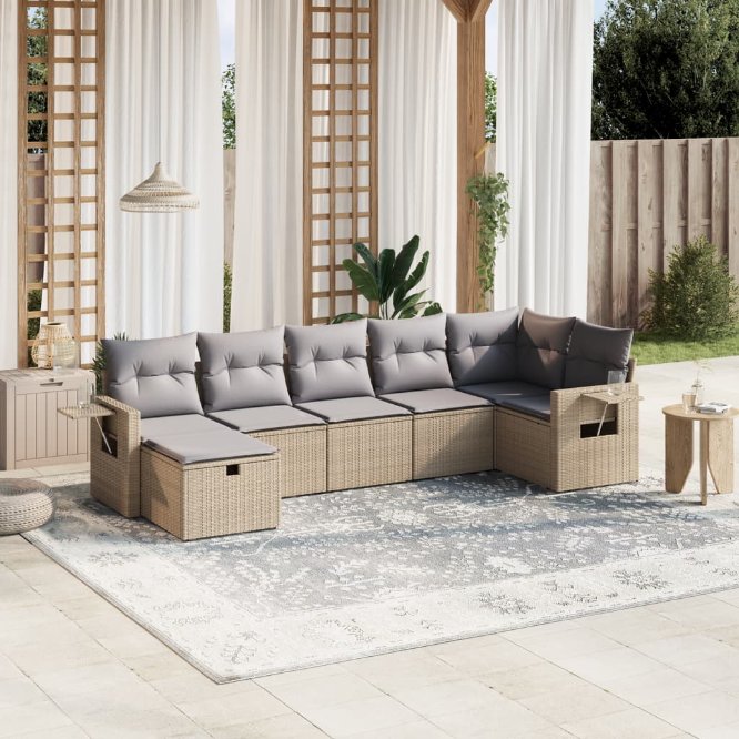 7-tlg. Garten-Sofagarnitur mit Kissen Schwarz Poly Rattan