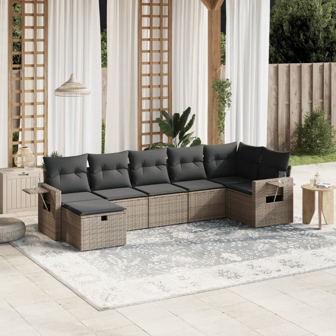 7-tlg. Garten-Sofagarnitur mit Kissen Schwarz Poly Rattan