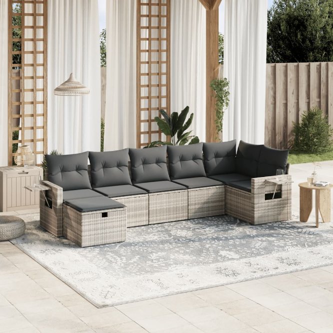 7-tlg. Garten-Sofagarnitur mit Kissen Schwarz Poly Rattan