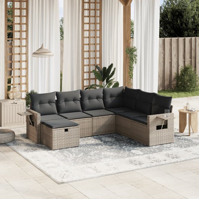 7-tlg. Garten-Sofagarnitur mit Kissen Schwarz Poly Rattan
