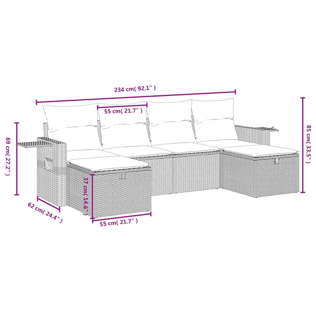 6-tlg. Garten-Sofagarnitur mit Kissen Schwarz Poly Rattan