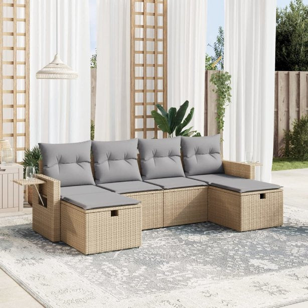 6-tlg. Garten-Sofagarnitur mit Kissen Schwarz Poly Rattan