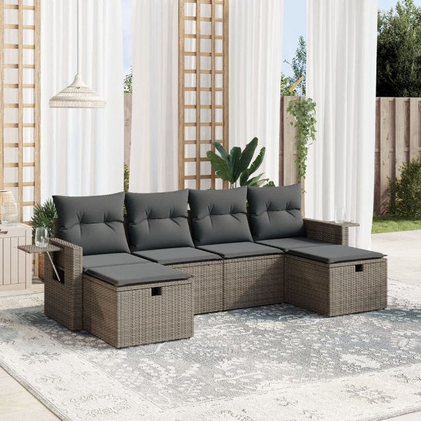 6-tlg. Garten-Sofagarnitur mit Kissen Schwarz Poly Rattan