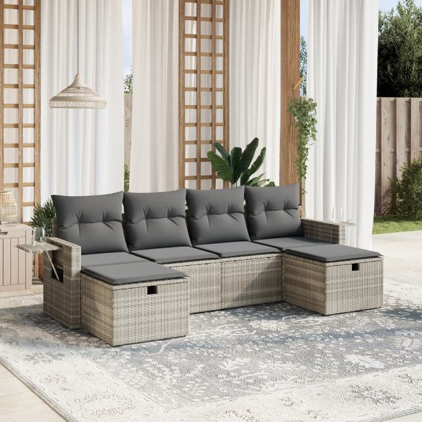 6-tlg. Garten-Sofagarnitur mit Kissen Schwarz Poly Rattan