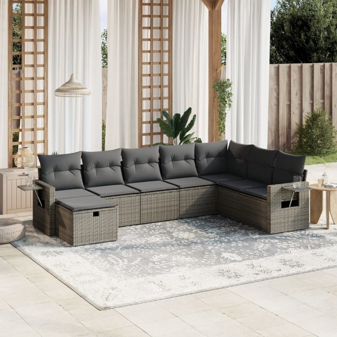 8-tlg. Garten-Sofagarnitur mit Kissen Schwarz Poly Rattan