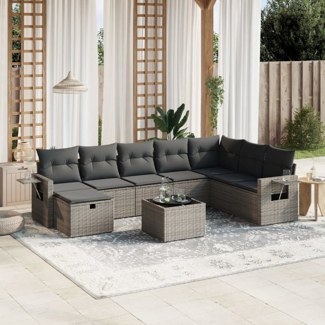 8-tlg. Garten-Sofagarnitur mit Kissen Schwarz Poly Rattan