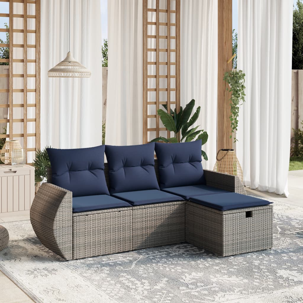 4-tlg. Garten-Sofagarnitur mit Kissen Grau Poly Rattan