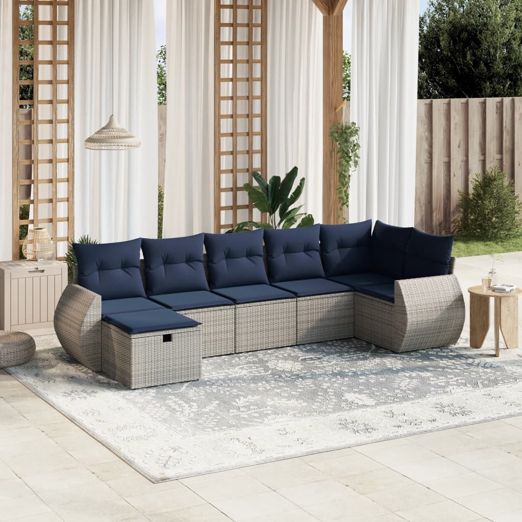7-tlg. Garten-Sofagarnitur mit Kissen Grau Poly Rattan