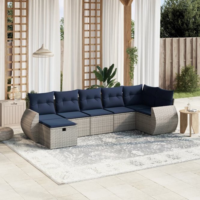 7-tlg. Garten-Sofagarnitur mit Kissen Grau Poly Rattan