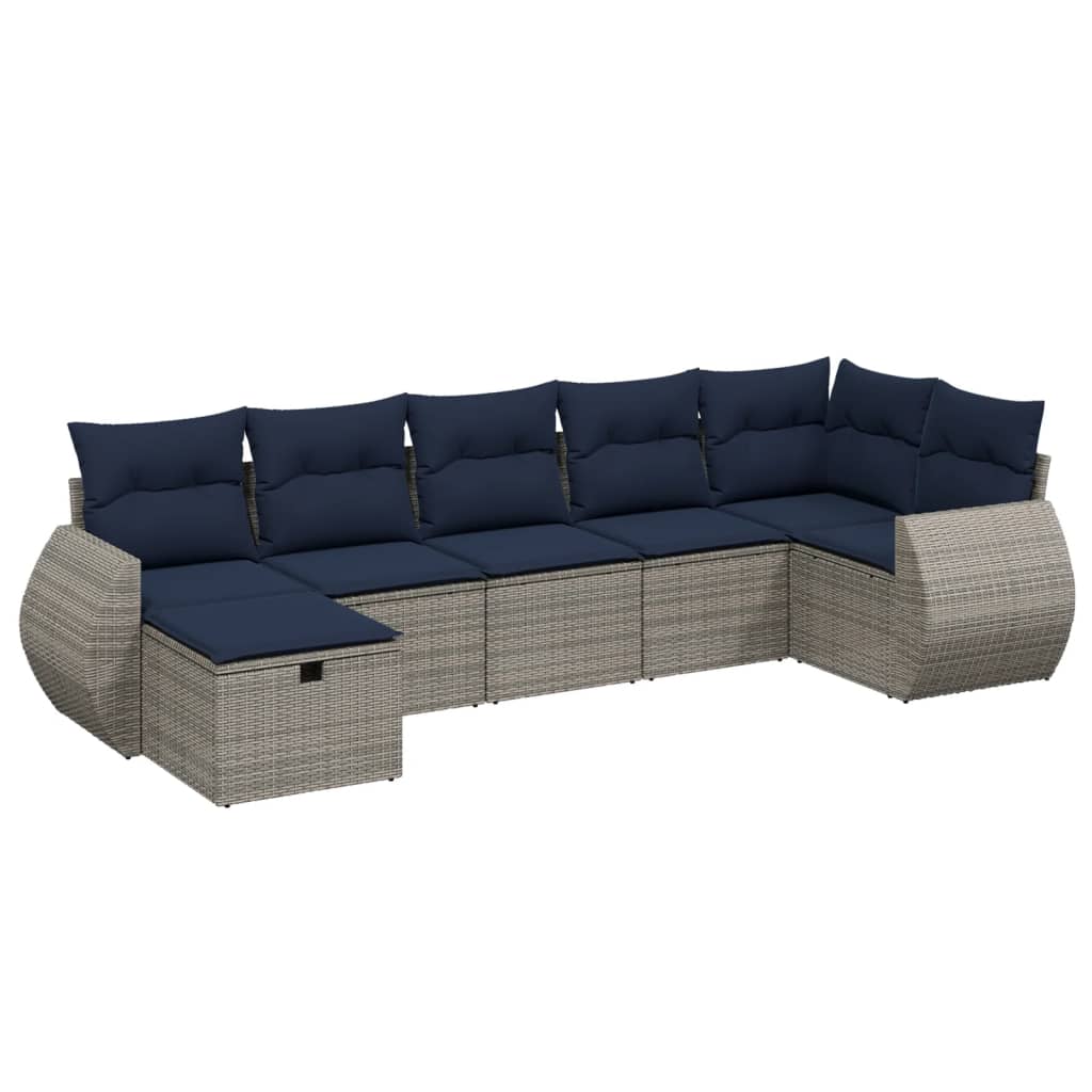 7-tlg. Garten-Sofagarnitur mit Kissen Grau Poly Rattan