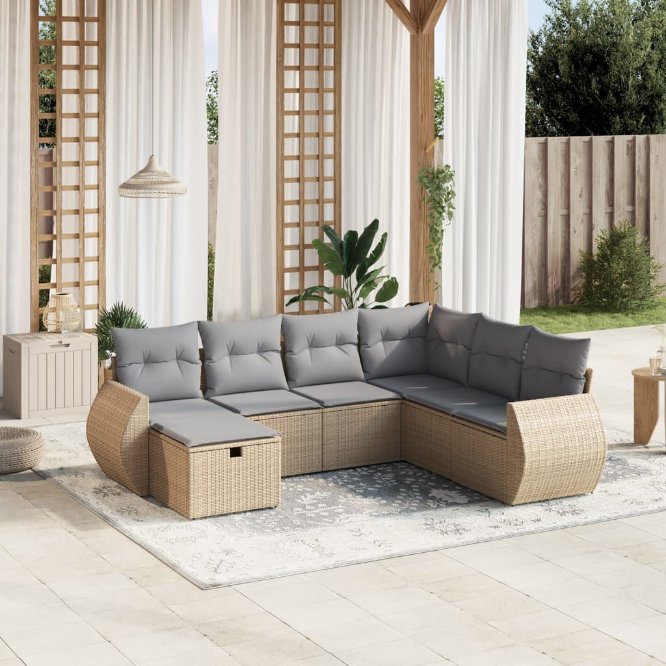 7-tlg. Garten-Sofagarnitur mit Kissen Schwarz Poly Rattan