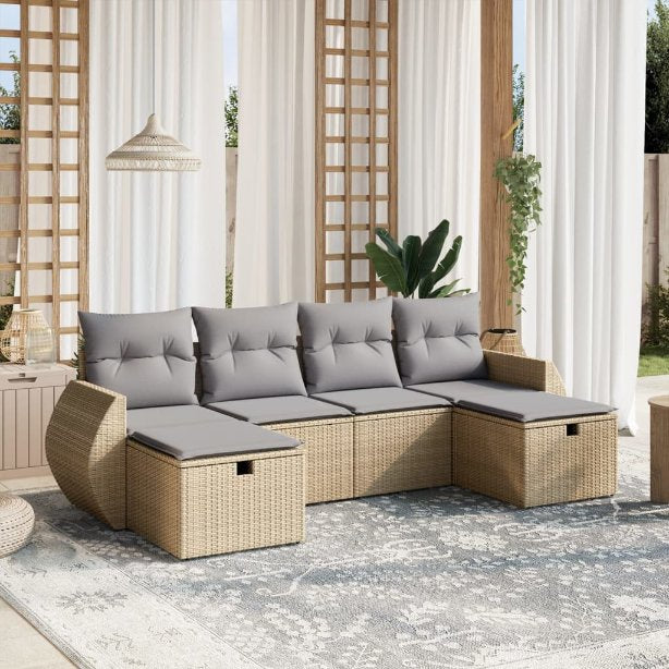 6-tlg. Garten-Sofagarnitur mit Kissen Schwarz Poly Rattan