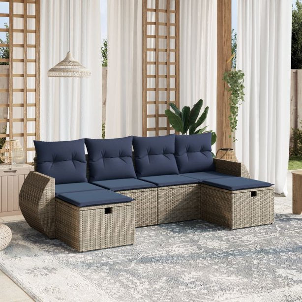 6-tlg. Garten-Sofagarnitur mit Kissen Grau Poly Rattan