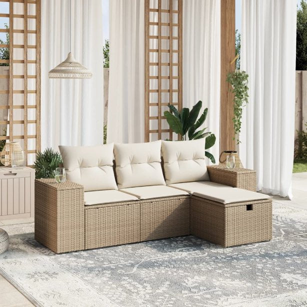 4-tlg. Garten-Sofagarnitur mit Kissen Schwarz Poly Rattan