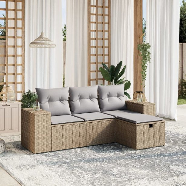 4-tlg. Garten-Sofagarnitur mit Kissen Schwarz Poly Rattan