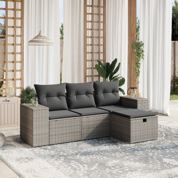 4-tlg. Garten-Sofagarnitur mit Kissen Schwarz Poly Rattan