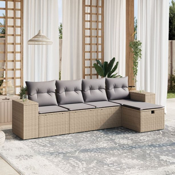 5-tlg. Garten-Sofagarnitur mit Kissen Schwarz Poly Rattan