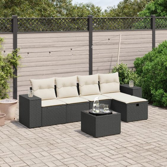 5-tlg. Garten-Sofagarnitur mit Kissen Schwarz Poly Rattan