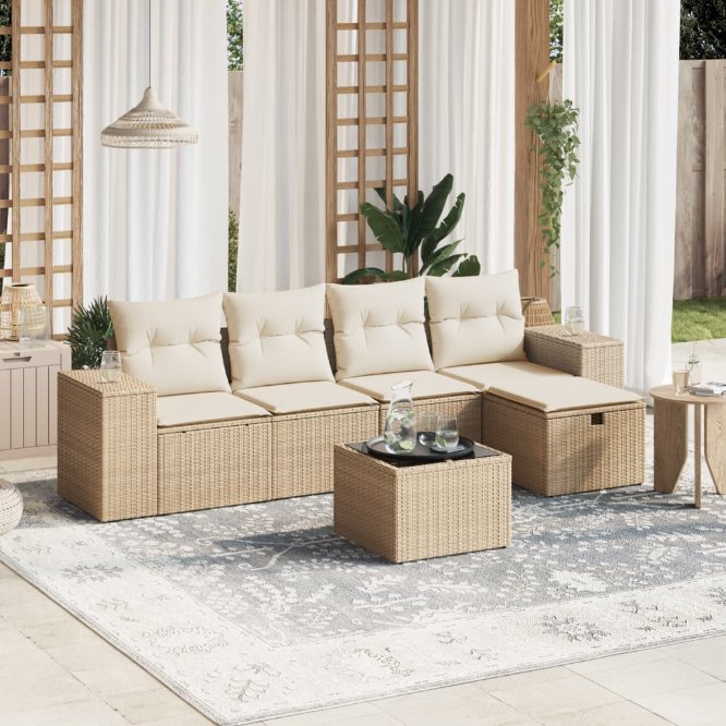 5-tlg. Garten-Sofagarnitur mit Kissen Schwarz Poly Rattan