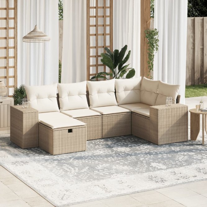 6-tlg. Garten-Sofagarnitur mit Kissen Schwarz Poly Rattan