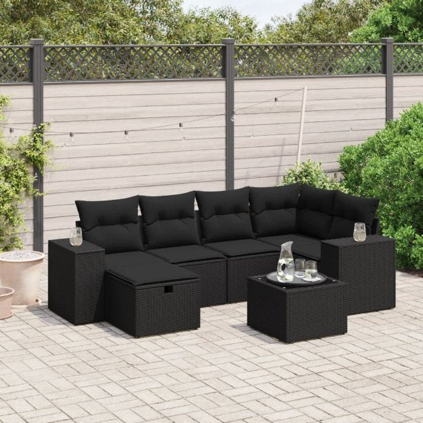 6-tlg. Garten-Sofagarnitur mit Kissen Schwarz Poly Rattan