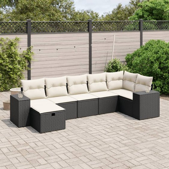 7-tlg. Garten-Sofagarnitur mit Kissen Schwarz Poly Rattan