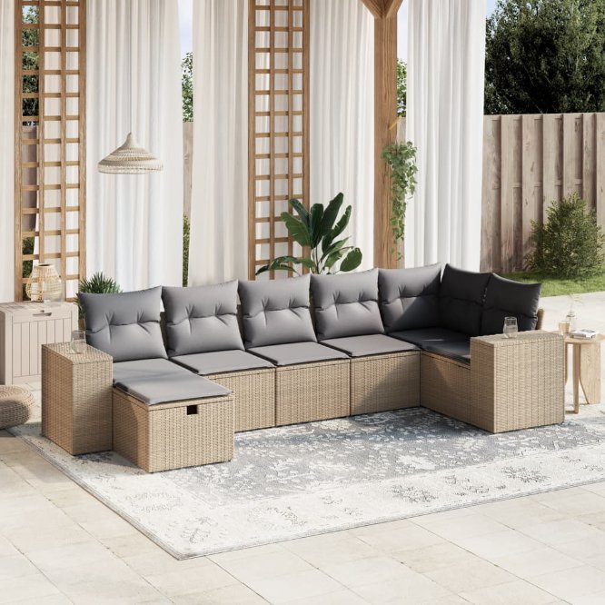 7-tlg. Garten-Sofagarnitur mit Kissen Schwarz Poly Rattan