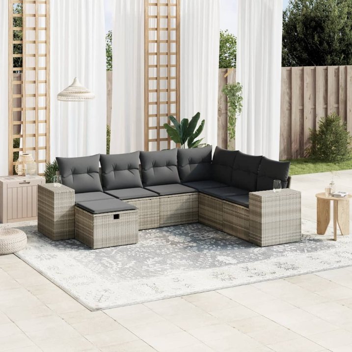 7-tlg. Garten-Sofagarnitur mit Kissen Schwarz Poly Rattan