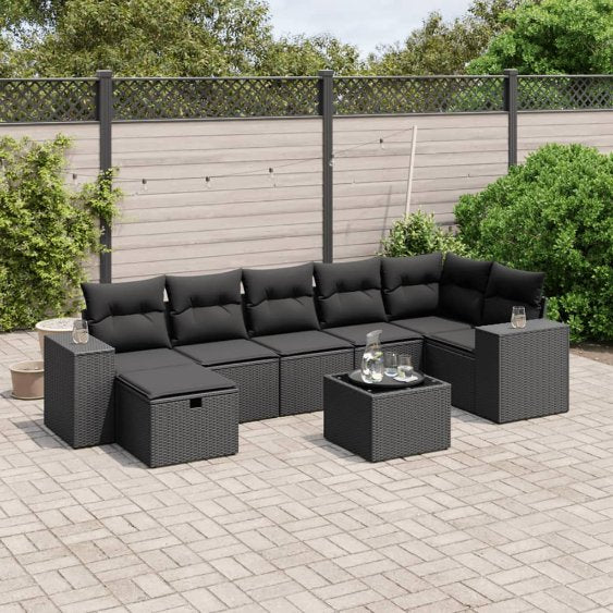 7-tlg. Garten-Sofagarnitur mit Kissen Schwarz Poly Rattan
