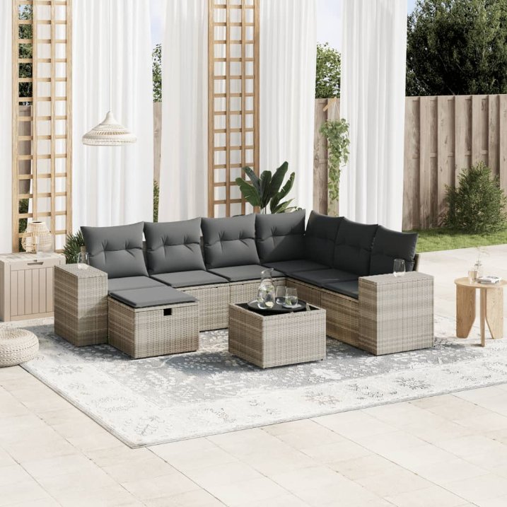 7-tlg. Garten-Sofagarnitur mit Kissen Schwarz Poly Rattan