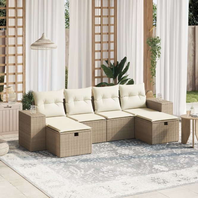 6-tlg. Garten-Sofagarnitur mit Kissen Schwarz Poly Rattan