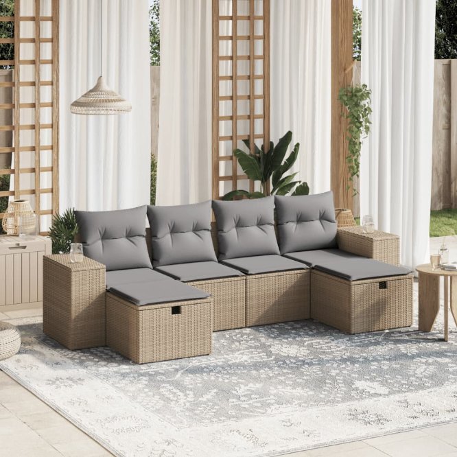 6-tlg. Garten-Sofagarnitur mit Kissen Schwarz Poly Rattan
