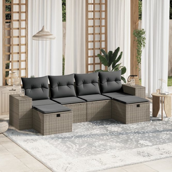 6-tlg. Garten-Sofagarnitur mit Kissen Schwarz Poly Rattan