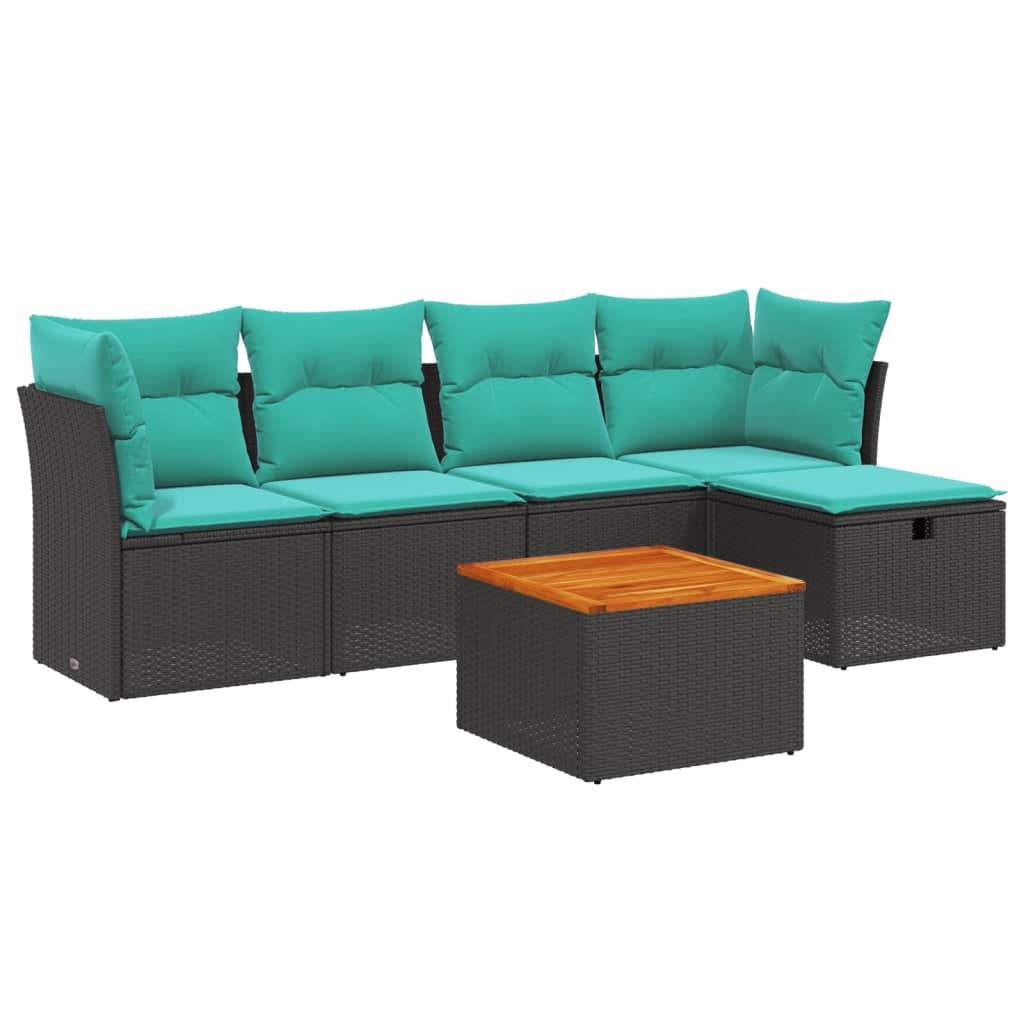 6-tlg. Garten-Sofagarnitur mit Kissen Schwarz Poly Rattan