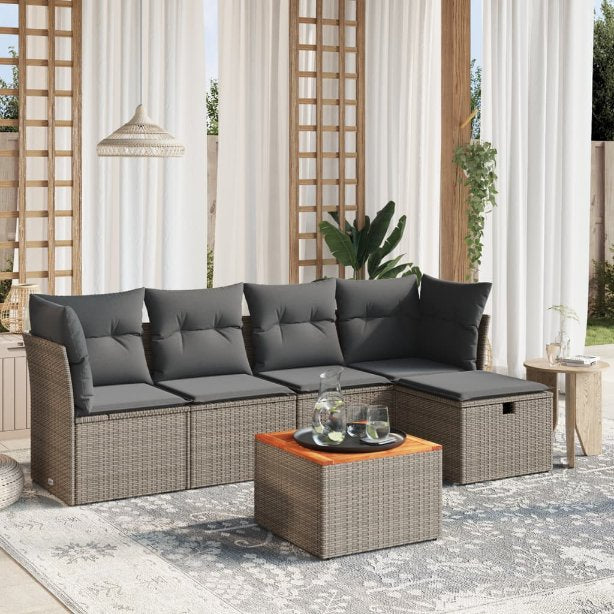 6-tlg. Garten-Sofagarnitur mit Kissen Schwarz Poly Rattan