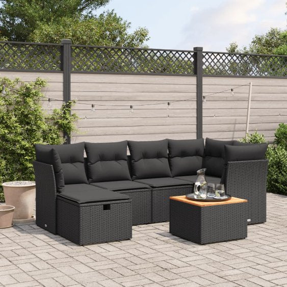 7-tlg. Garten-Sofagarnitur mit Kissen Schwarz Poly Rattan