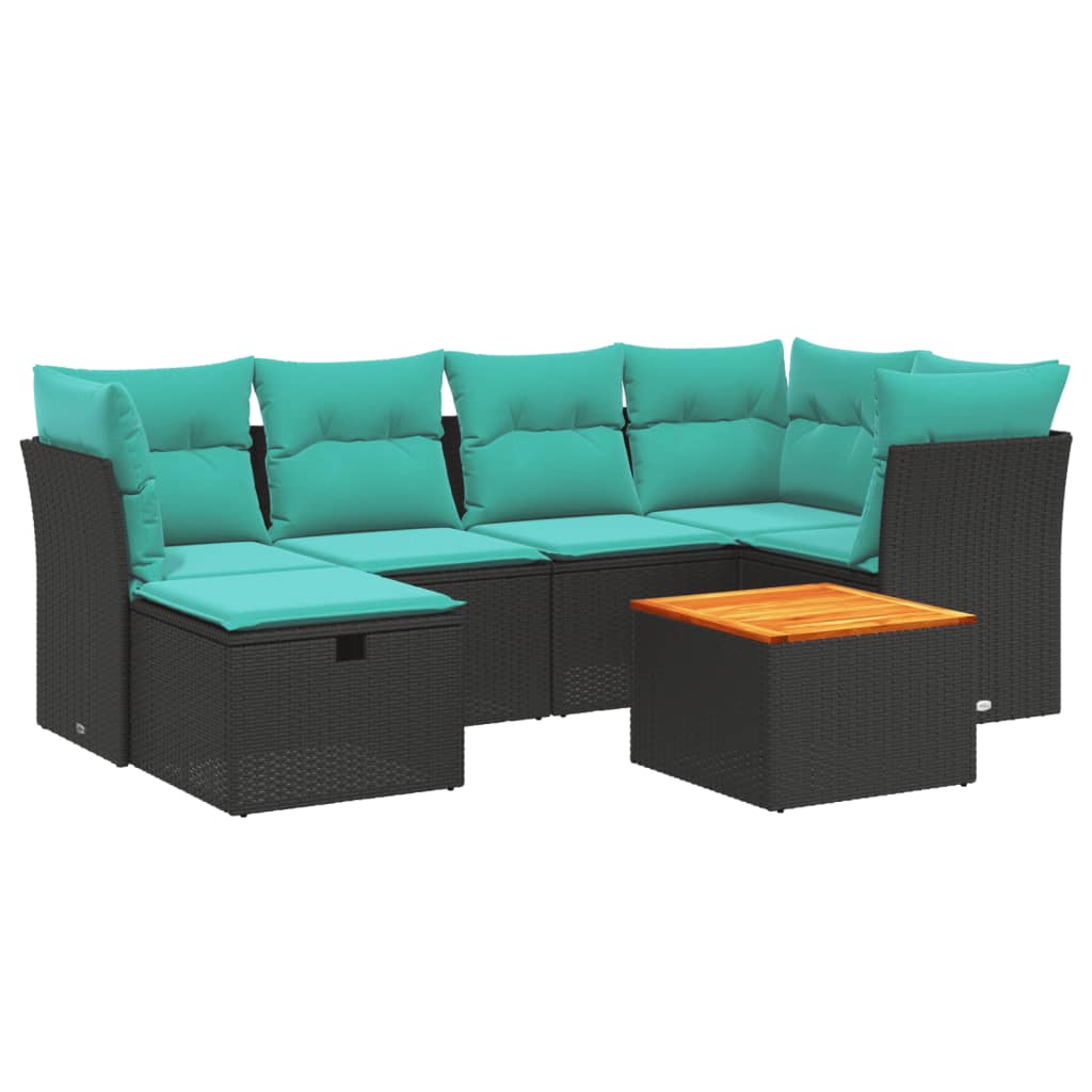 7-tlg. Garten-Sofagarnitur mit Kissen Schwarz Poly Rattan