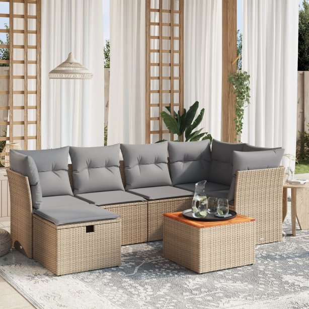 7-tlg. Garten-Sofagarnitur mit Kissen Schwarz Poly Rattan