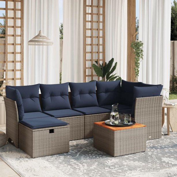 7-tlg. Garten-Sofagarnitur mit Kissen Schwarz Poly Rattan