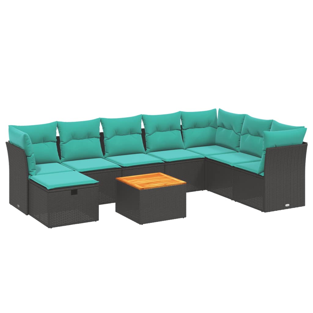 9-tlg. Garten-Sofagarnitur mit Kissen Schwarz Poly Rattan