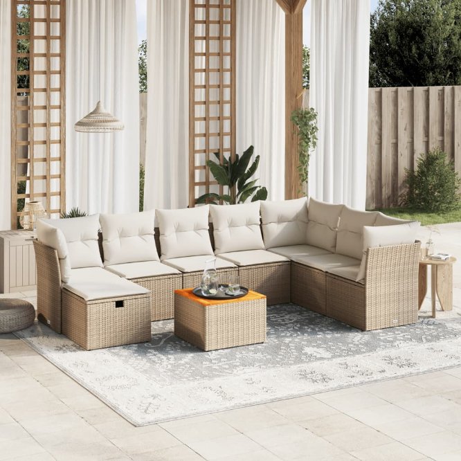 9-tlg. Garten-Sofagarnitur mit Kissen Schwarz Poly Rattan