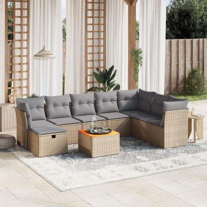 9-tlg. Garten-Sofagarnitur mit Kissen Schwarz Poly Rattan