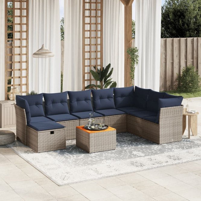 9-tlg. Garten-Sofagarnitur mit Kissen Schwarz Poly Rattan