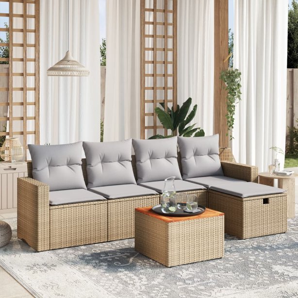 6-tlg. Garten-Sofagarnitur mit Kissen Schwarz Poly Rattan