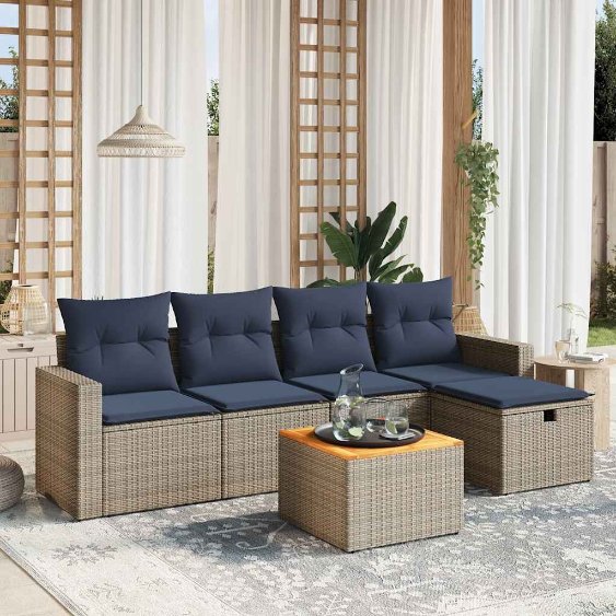 6-tlg. Garten-Sofagarnitur mit Kissen Schwarz Poly Rattan