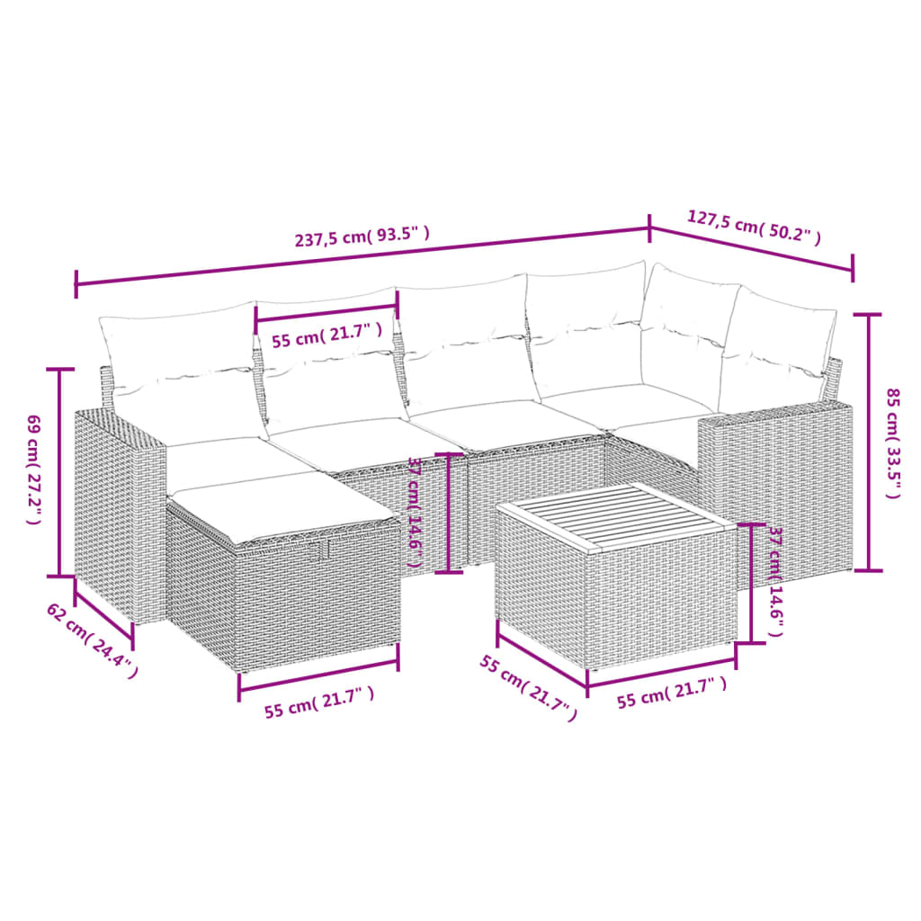 7-tlg. Garten-Sofagarnitur mit Kissen Schwarz Poly Rattan